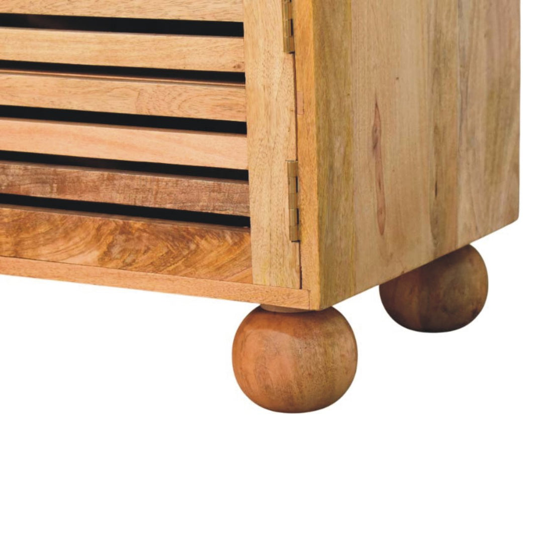 Brown Oak Veneer Solid Mango Wood Shutter Shoe Cabinet with 2 Drawers, 4 Shelves & Leather Seat