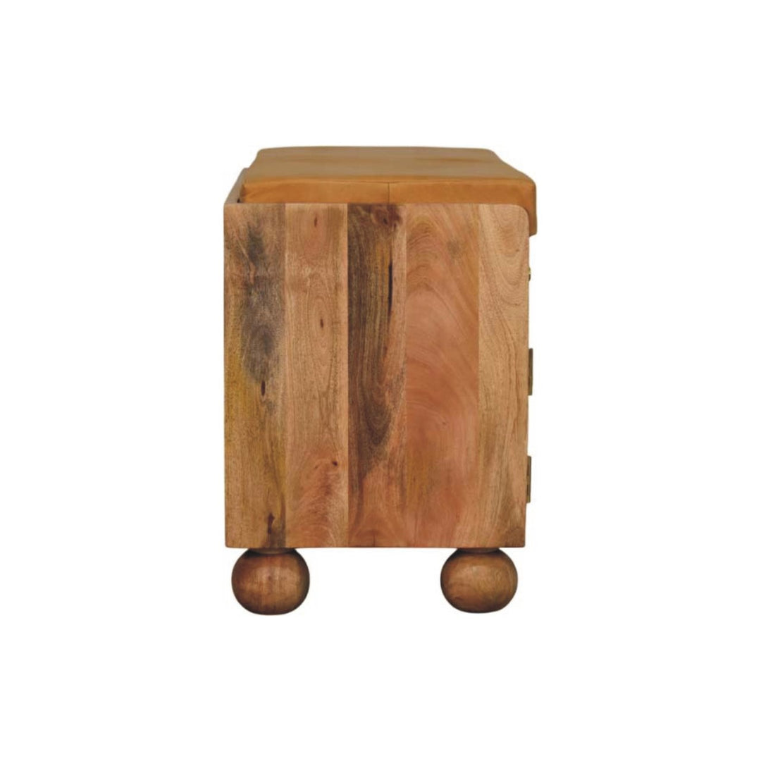 Brown Oak Veneer Solid Mango Wood Shutter Shoe Cabinet with 2 Drawers, 4 Shelves & Leather Seat