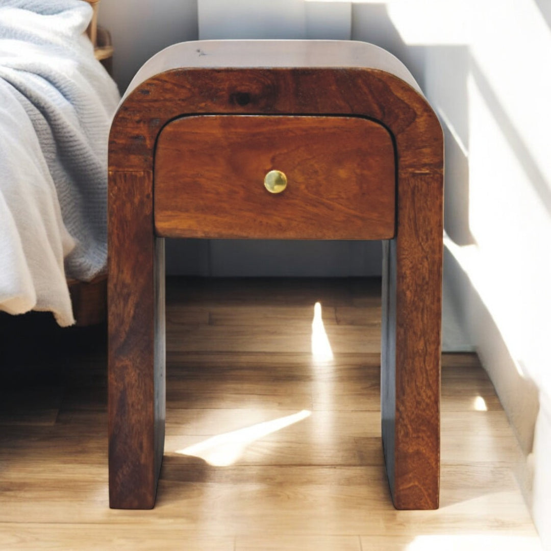 Brown Lacquered Whitewashed Grey Solid Mango Wood Darcy Mini Bedside with Brass Knob & Nordic Legs