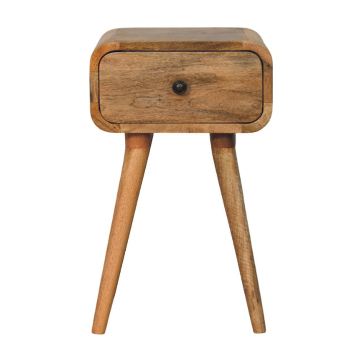 Brown Lacquered Solid Mango Wood Mini Nightstand with Single Drawer & Tapered Nordic Legs
