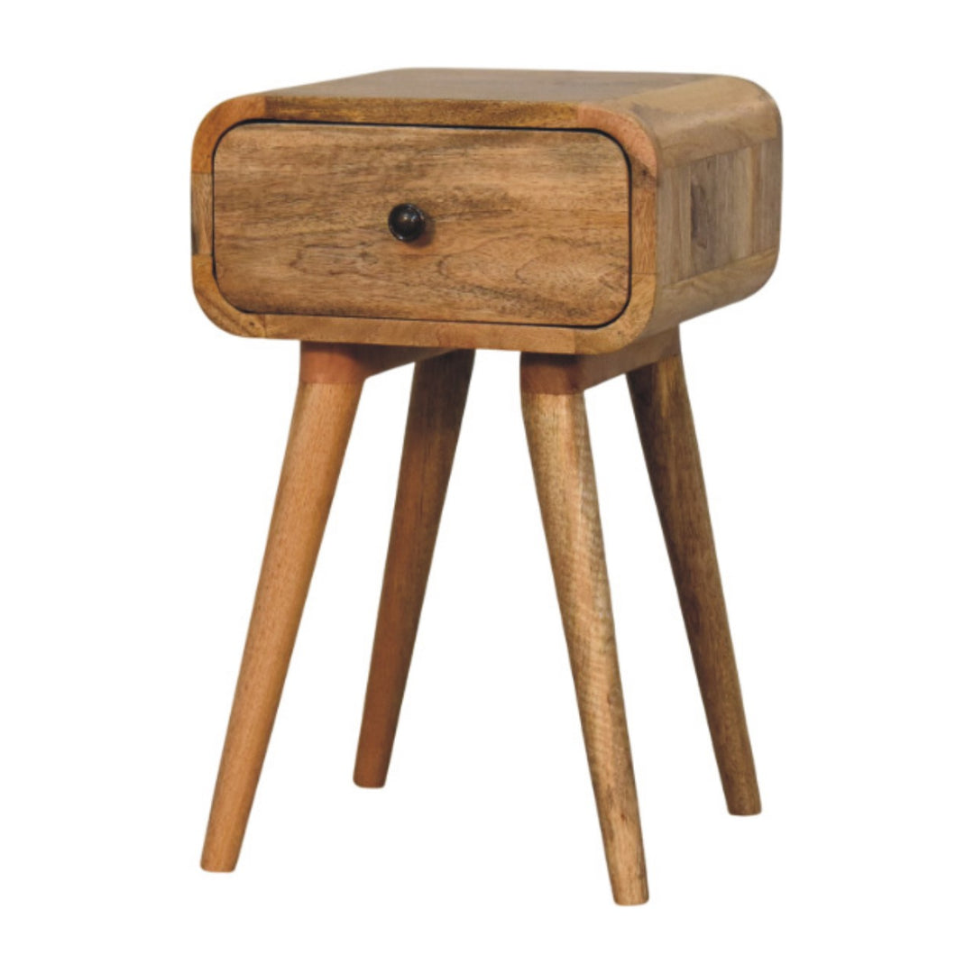 Brown Lacquered Solid Mango Wood Mini Nightstand with Single Drawer & Tapered Nordic Legs