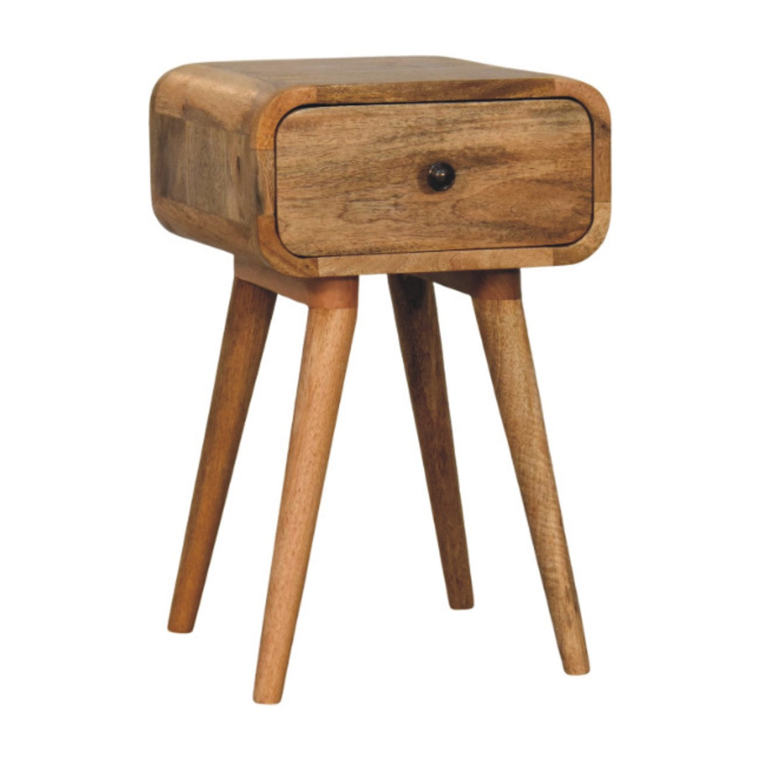 Brown Lacquered Solid Mango Wood Mini Nightstand with Single Drawer & Tapered Nordic Legs