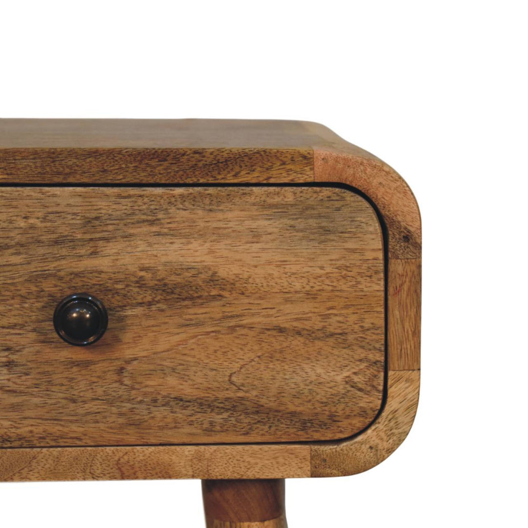 Brown Lacquered Solid Mango Wood Mini Nightstand with Single Drawer & Tapered Nordic Legs