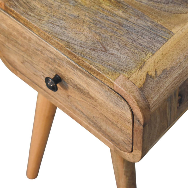 Brown Lacquered Solid Mango Wood Mini Nightstand with Single Drawer & Tapered Nordic Legs