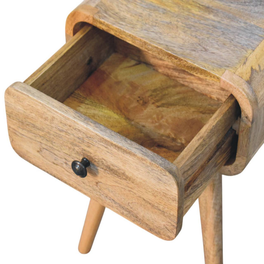 Brown Lacquered Solid Mango Wood Mini Nightstand with Single Drawer & Tapered Nordic Legs