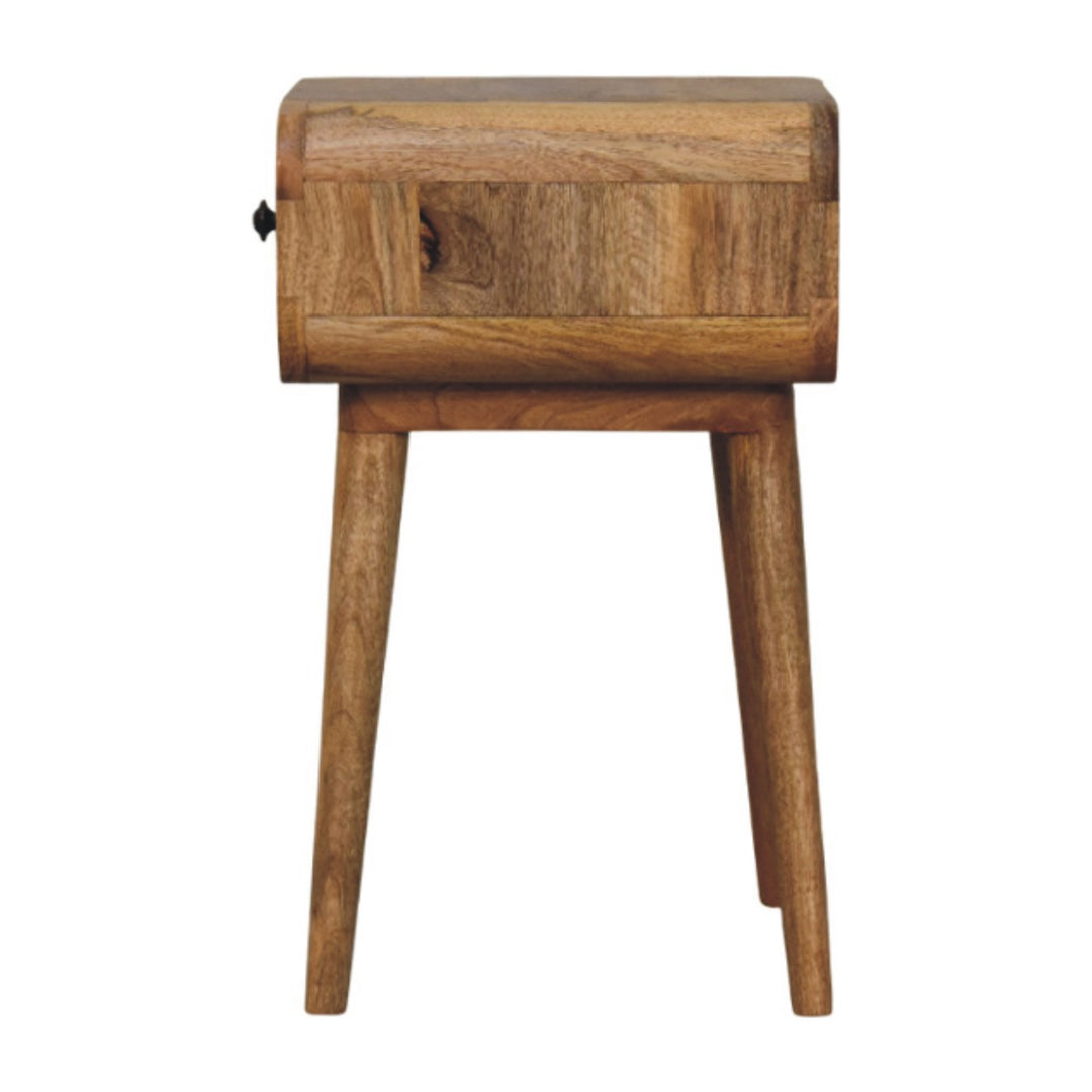 Brown Lacquered Solid Mango Wood Mini Nightstand with Single Drawer & Tapered Nordic Legs