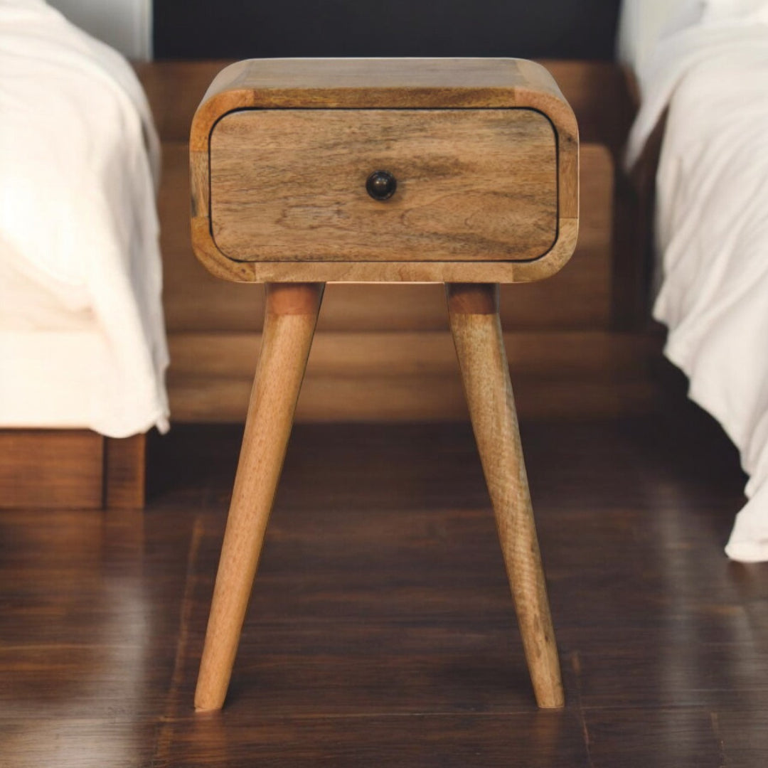 Brown Lacquered Solid Mango Wood Mini Nightstand with Single Drawer & Tapered Nordic Legs