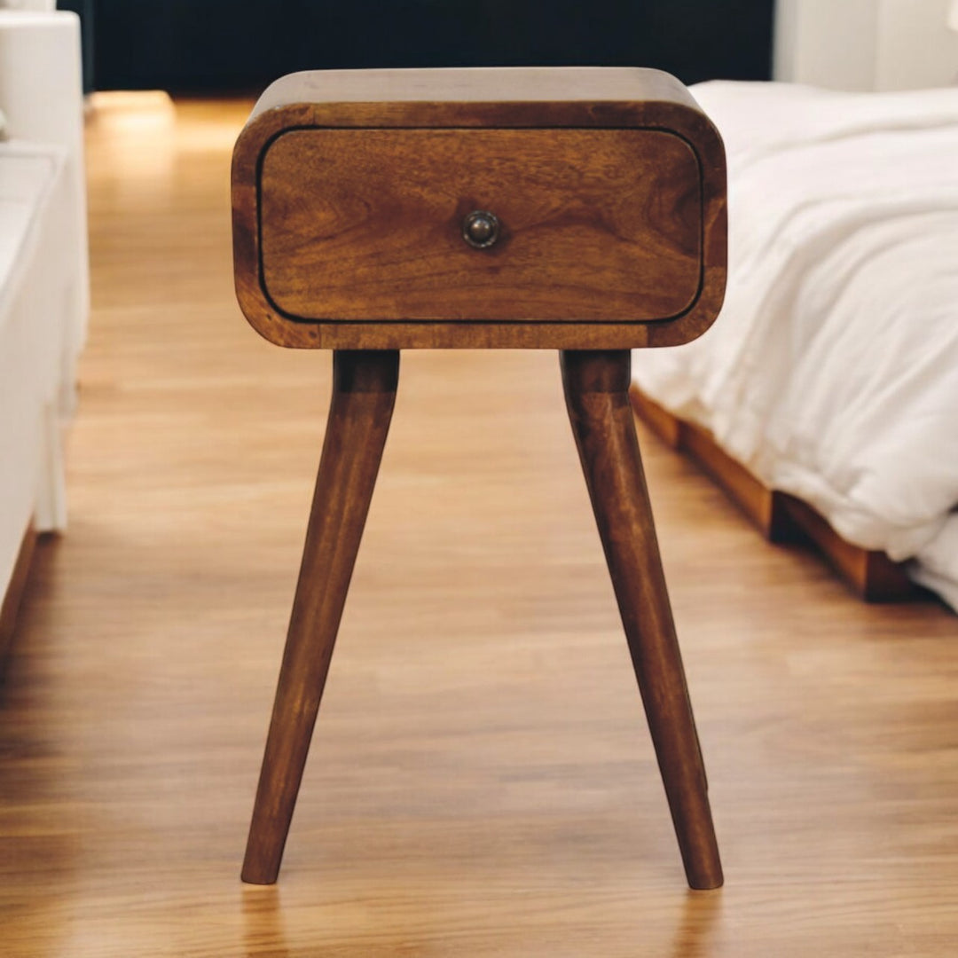 Brown Lacquered Chestnut Solid Mango Wood Avora Mini Bedside Table with 1 Drawer