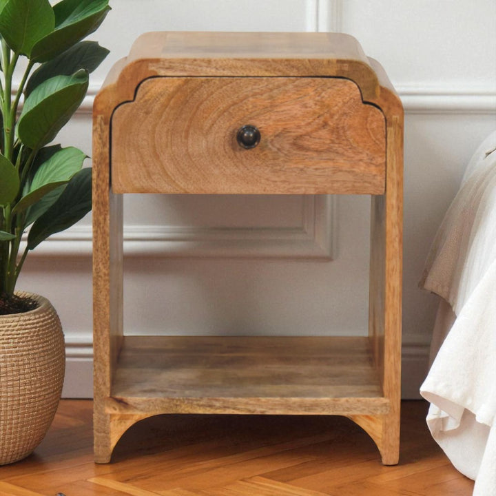 Beige Lacquered Solid Mango Wood Newton Mini Bedside in Oak with 1 Drawer & Open Shelf