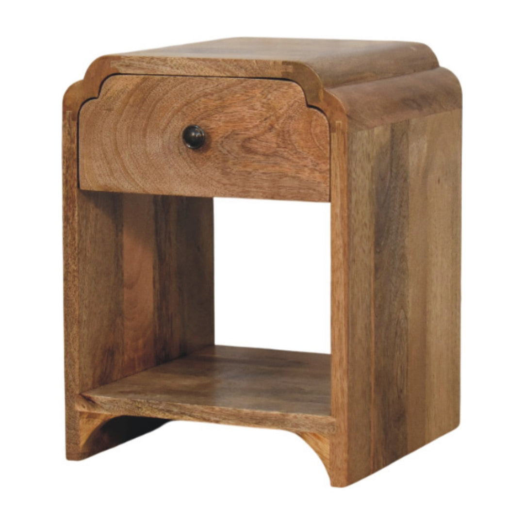 Beige Lacquered Solid Mango Wood Newton Mini Bedside in Oak with 1 Drawer & Open Shelf