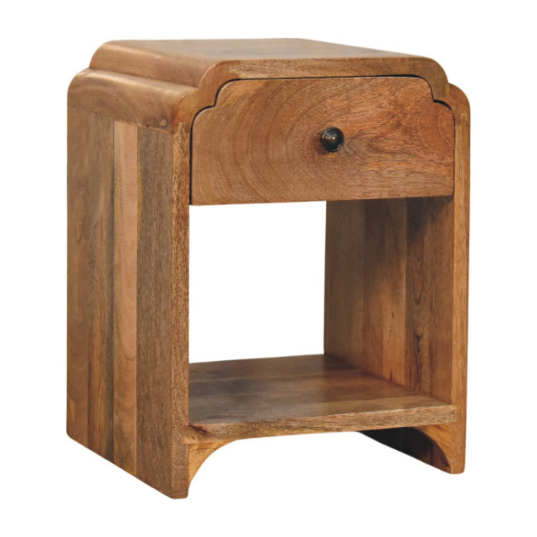 Beige Lacquered Solid Mango Wood Newton Mini Bedside in Oak with 1 Drawer & Open Shelf