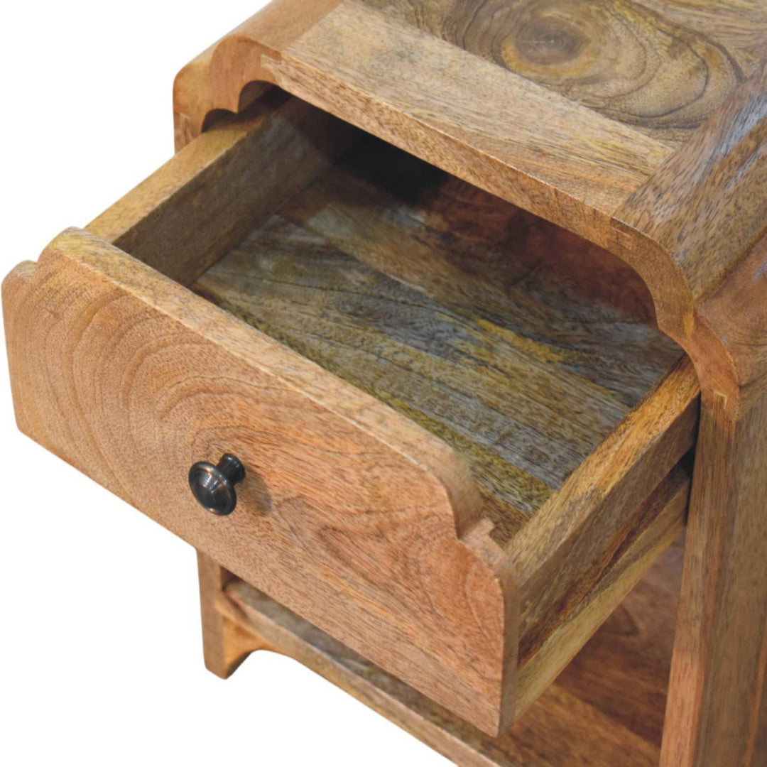 Beige Lacquered Solid Mango Wood Newton Mini Bedside in Oak with 1 Drawer & Open Shelf