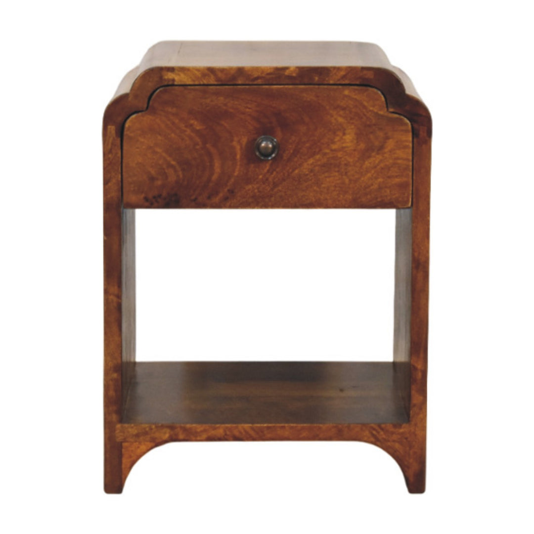 Brown Lacquered Oak-Finish Solid Mango Wood Newton Mini Bedside Table with 1 Drawer & Open Shelf