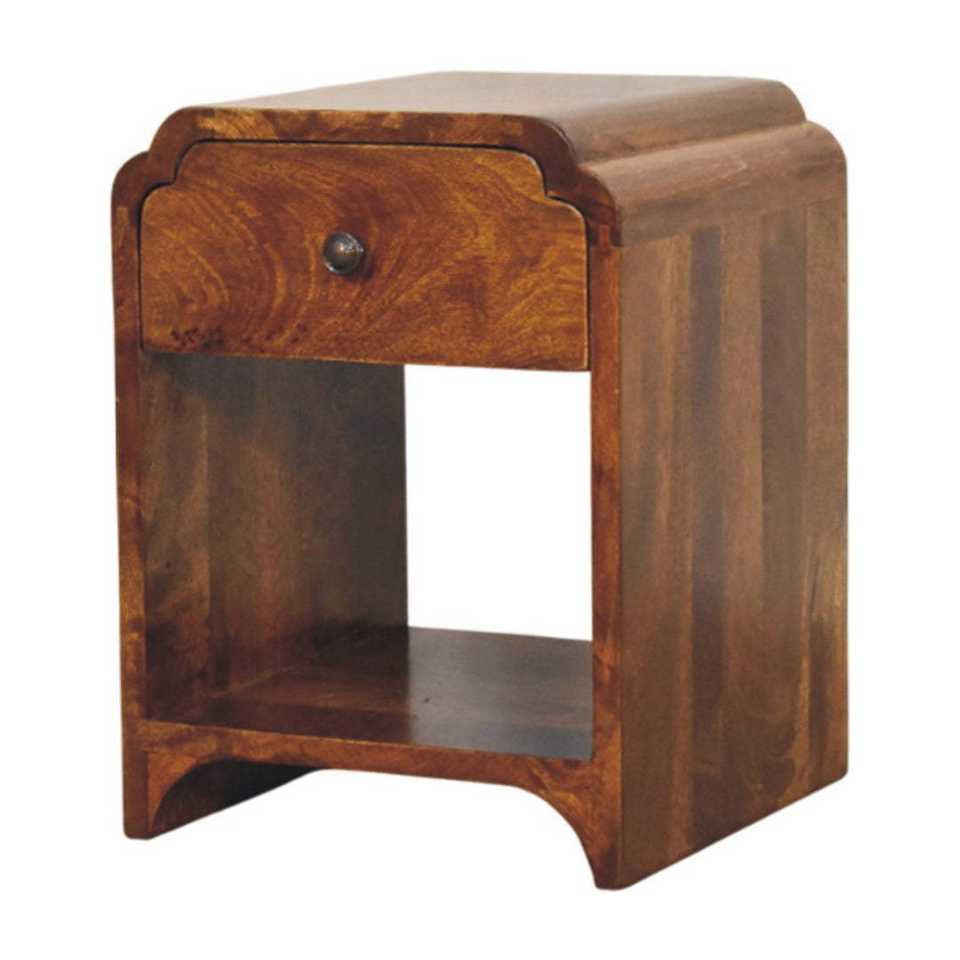 Brown Lacquered Oak-Finish Solid Mango Wood Newton Mini Bedside Table with 1 Drawer & Open Shelf