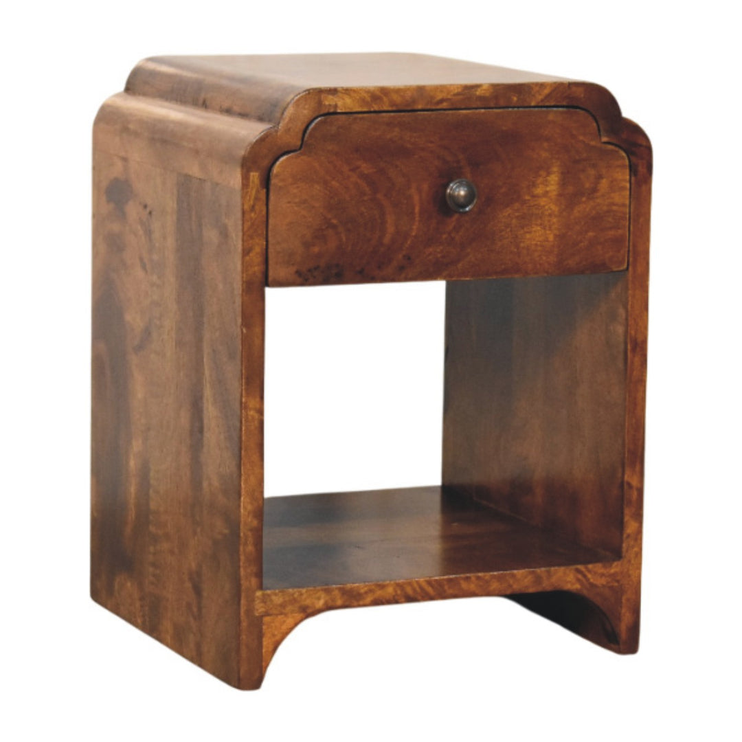 Brown Lacquered Oak-Finish Solid Mango Wood Newton Mini Bedside Table with 1 Drawer & Open Shelf