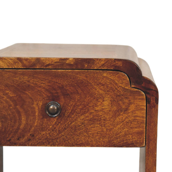Brown Lacquered Oak-Finish Solid Mango Wood Newton Mini Bedside Table with 1 Drawer & Open Shelf