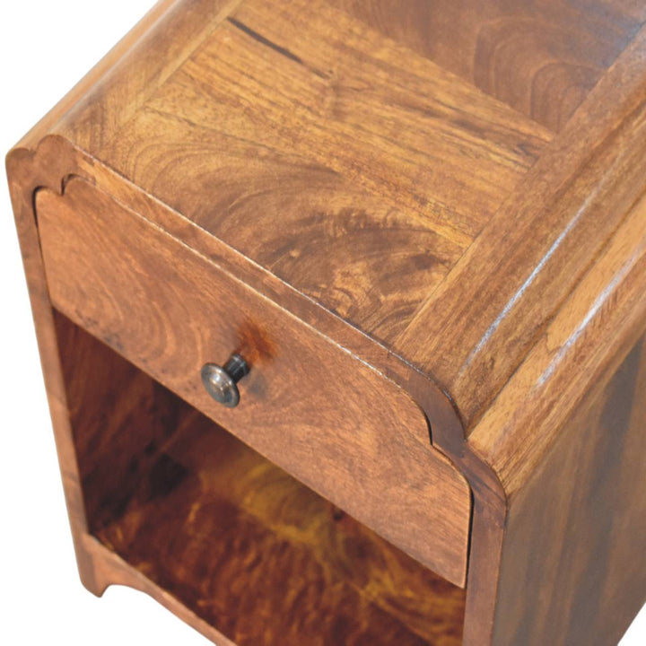 Brown Lacquered Oak-Finish Solid Mango Wood Newton Mini Bedside Table with 1 Drawer & Open Shelf