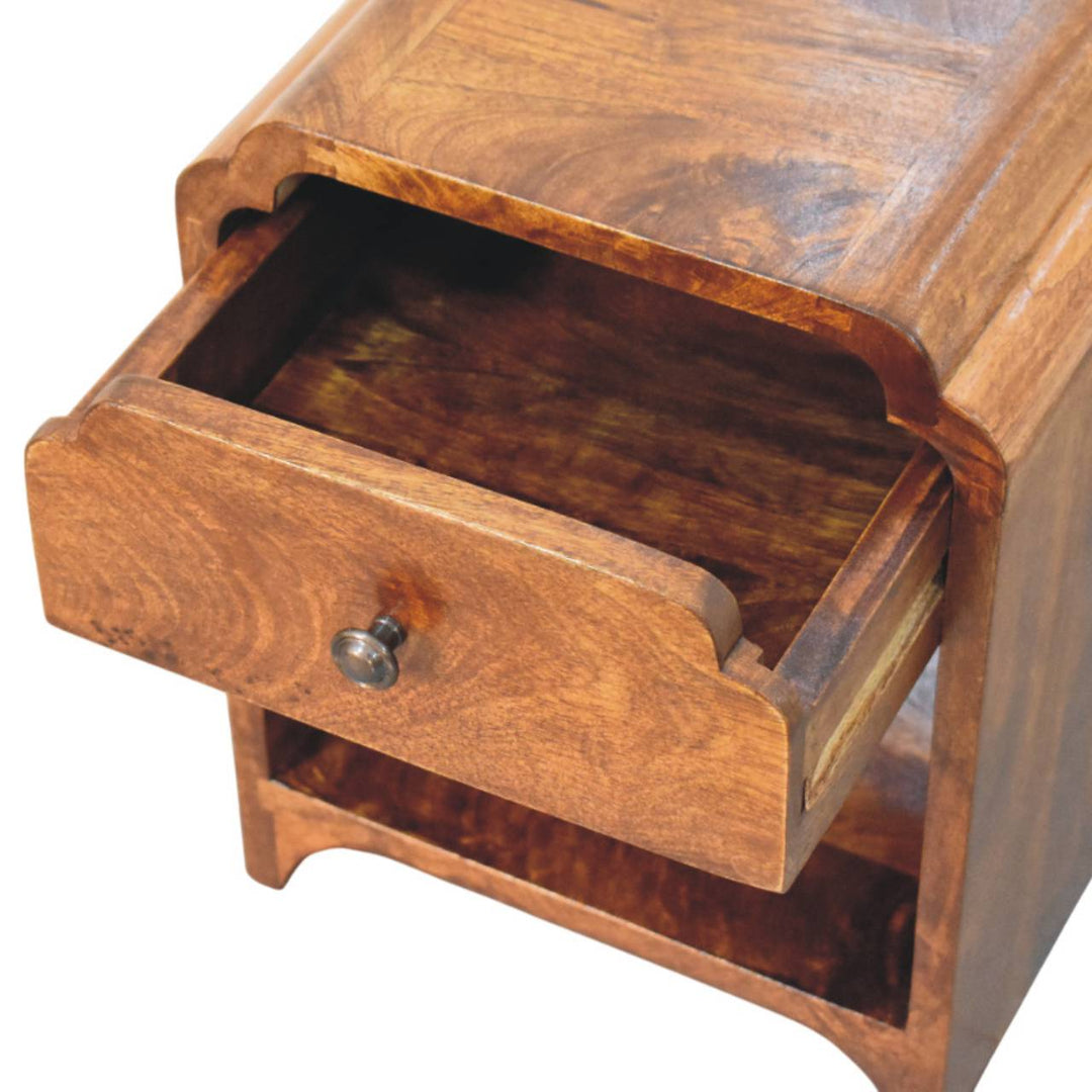 Brown Lacquered Oak-Finish Solid Mango Wood Newton Mini Bedside Table with 1 Drawer & Open Shelf