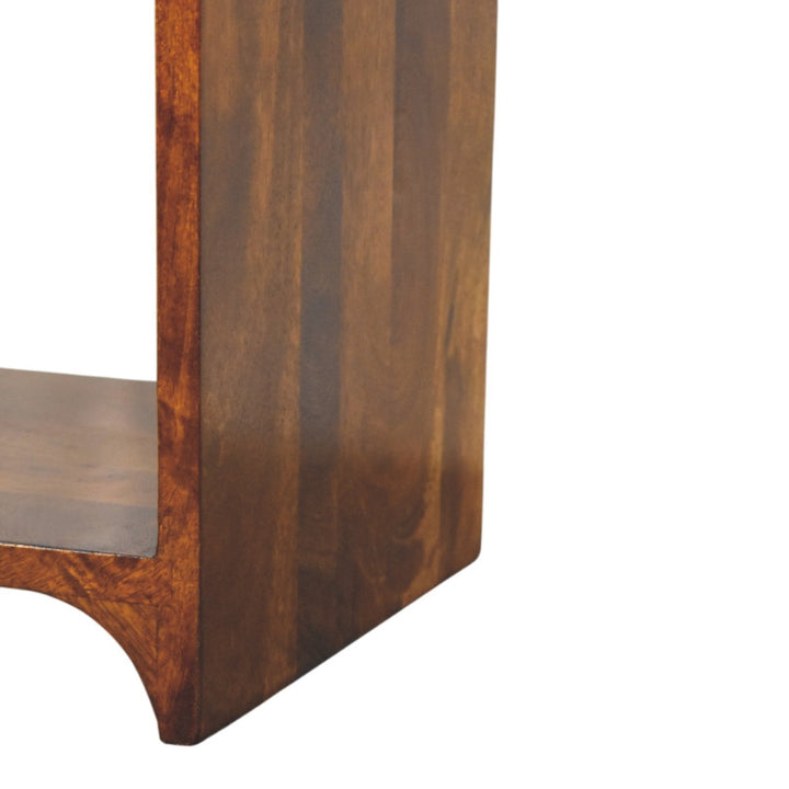 Brown Lacquered Oak-Finish Solid Mango Wood Newton Mini Bedside Table with 1 Drawer & Open Shelf