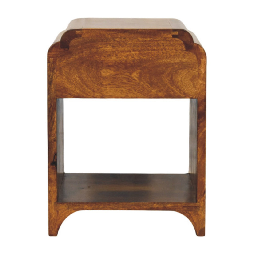 Brown Lacquered Oak-Finish Solid Mango Wood Newton Mini Bedside Table with 1 Drawer & Open Shelf