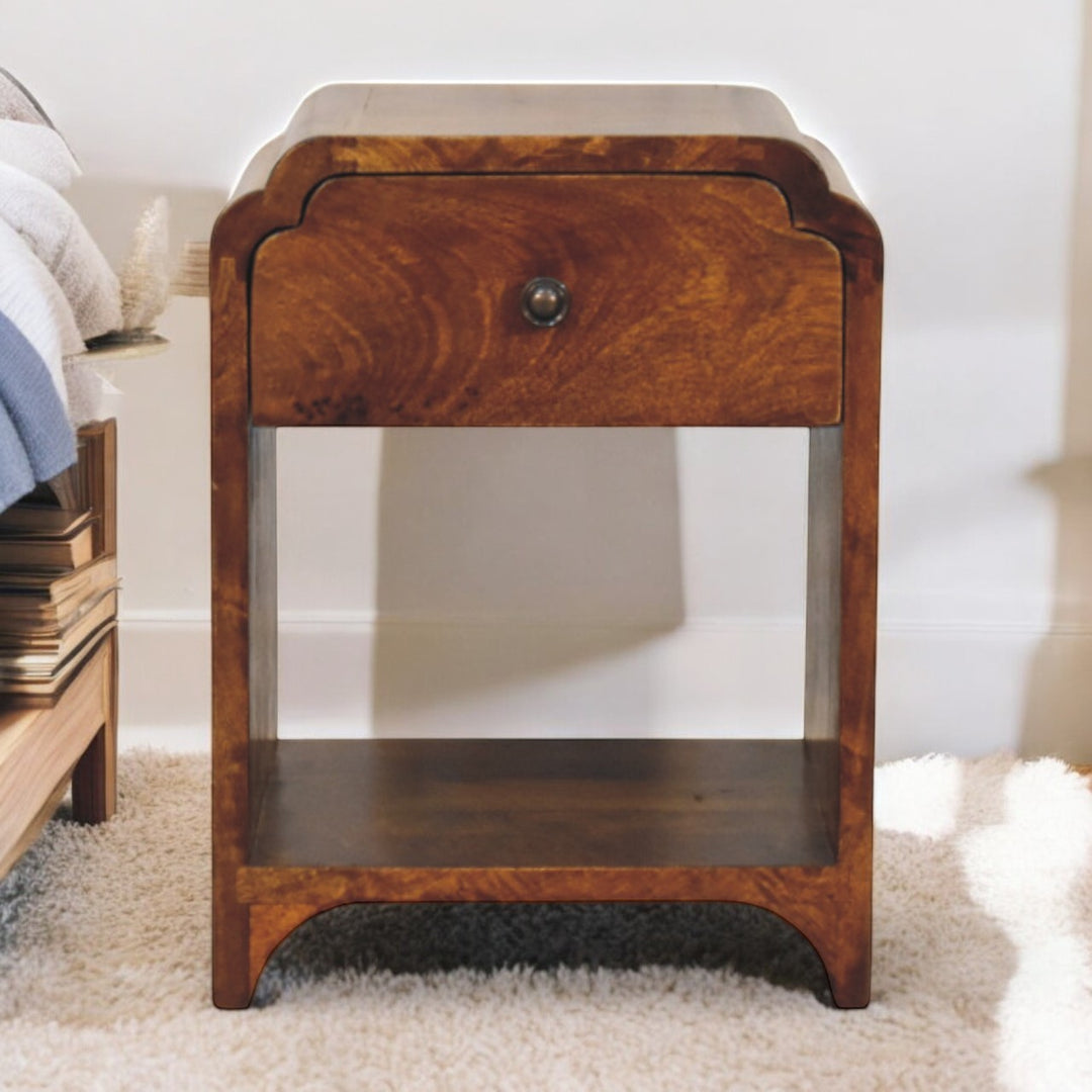 Brown Lacquered Oak-Finish Solid Mango Wood Newton Mini Bedside Table with 1 Drawer & Open Shelf