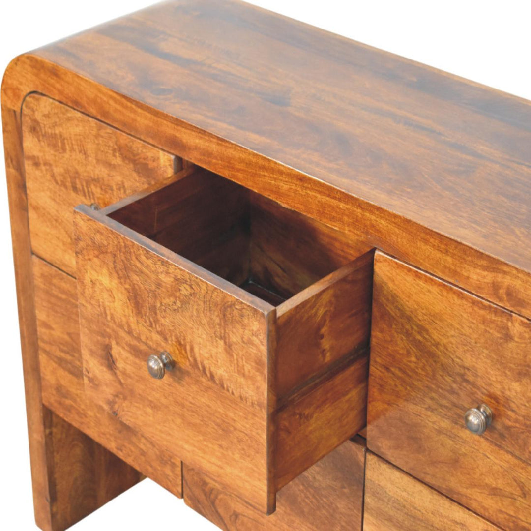 Brown Lacquered Amber Oak Solid Mango Wood Darcy 3-Drawer Chest with Vertical Grain & Brass Handles