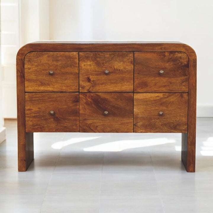 Brown Lacquered Amber Oak Solid Mango Wood Darcy 3-Drawer Chest with Vertical Grain & Brass Handles