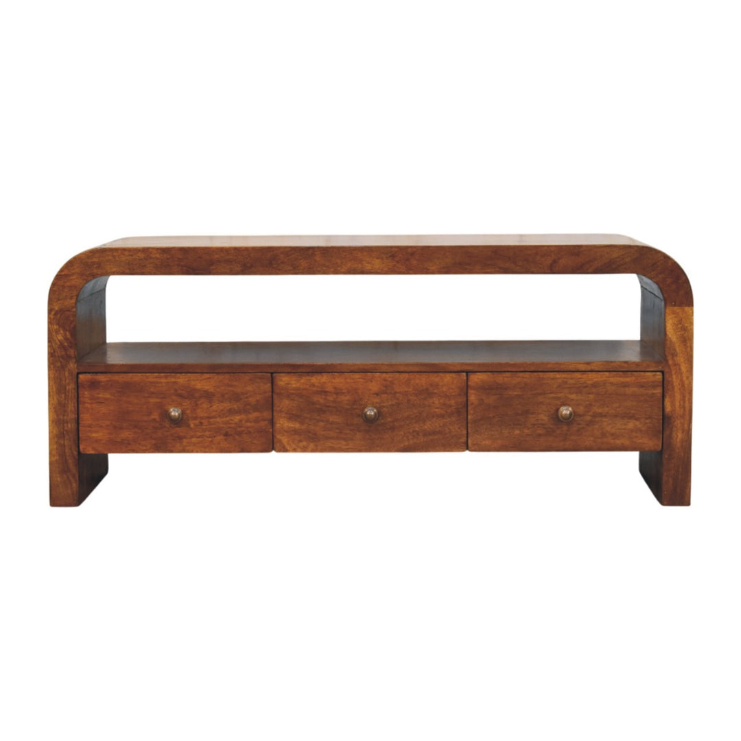 Brown Lacquered Chestnut Solid Mango Wood TV Stand with 3 Drawers & Brass Knobs