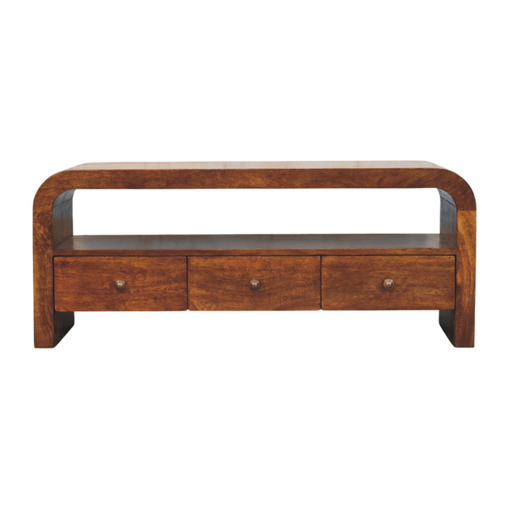 Brown Lacquered Chestnut Solid Mango Wood TV Stand with 3 Drawers & Brass Knobs