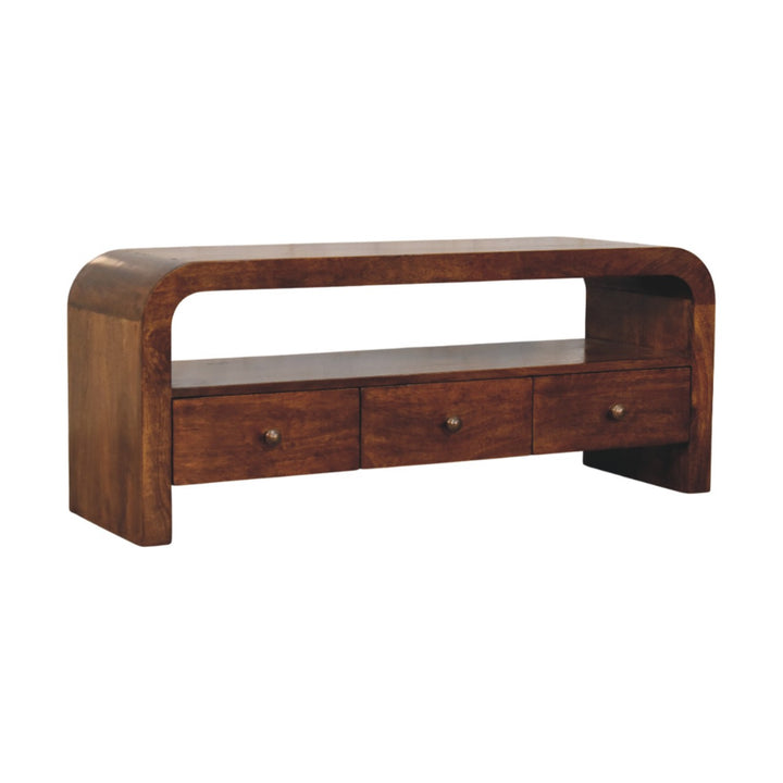 Brown Lacquered Chestnut Solid Mango Wood TV Stand with 3 Drawers & Brass Knobs