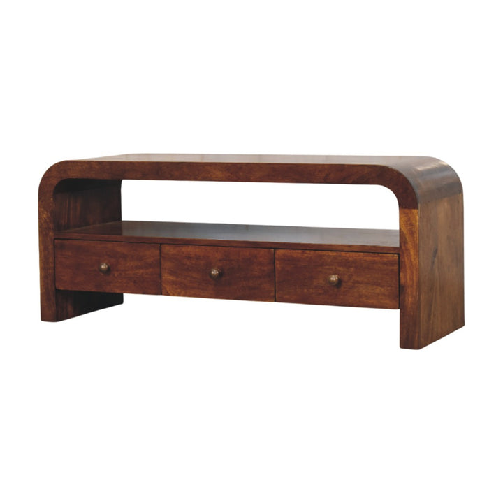 Brown Lacquered Chestnut Solid Mango Wood TV Stand with 3 Drawers & Brass Knobs