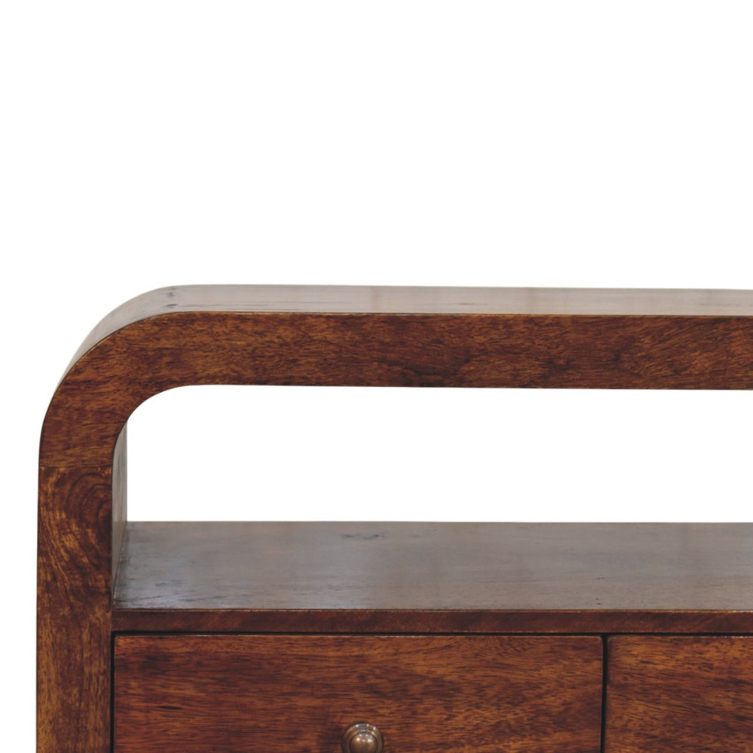 Brown Lacquered Chestnut Solid Mango Wood TV Stand with 3 Drawers & Brass Knobs
