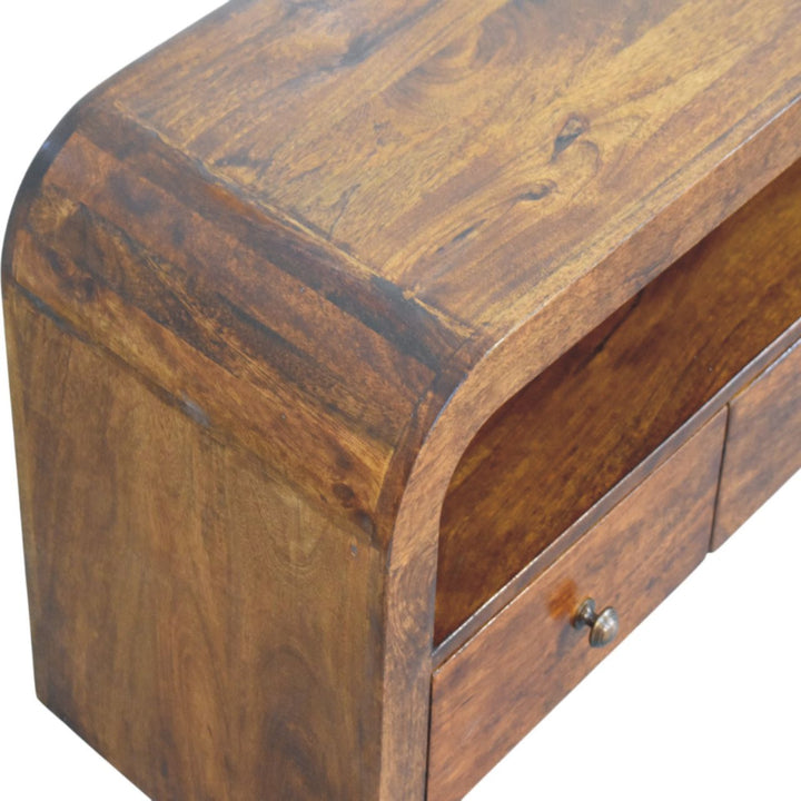 Brown Lacquered Chestnut Solid Mango Wood TV Stand with 3 Drawers & Brass Knobs