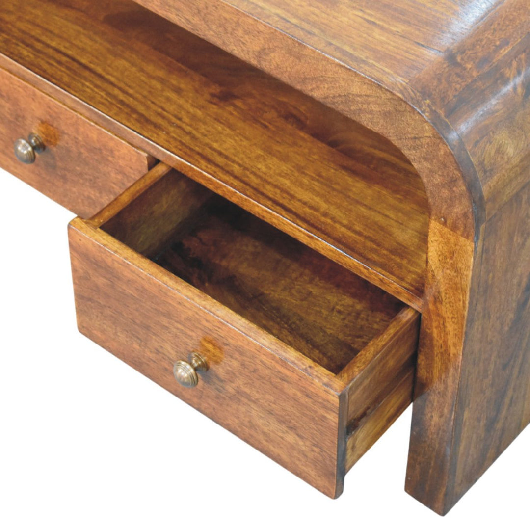 Brown Lacquered Chestnut Solid Mango Wood TV Stand with 3 Drawers & Brass Knobs
