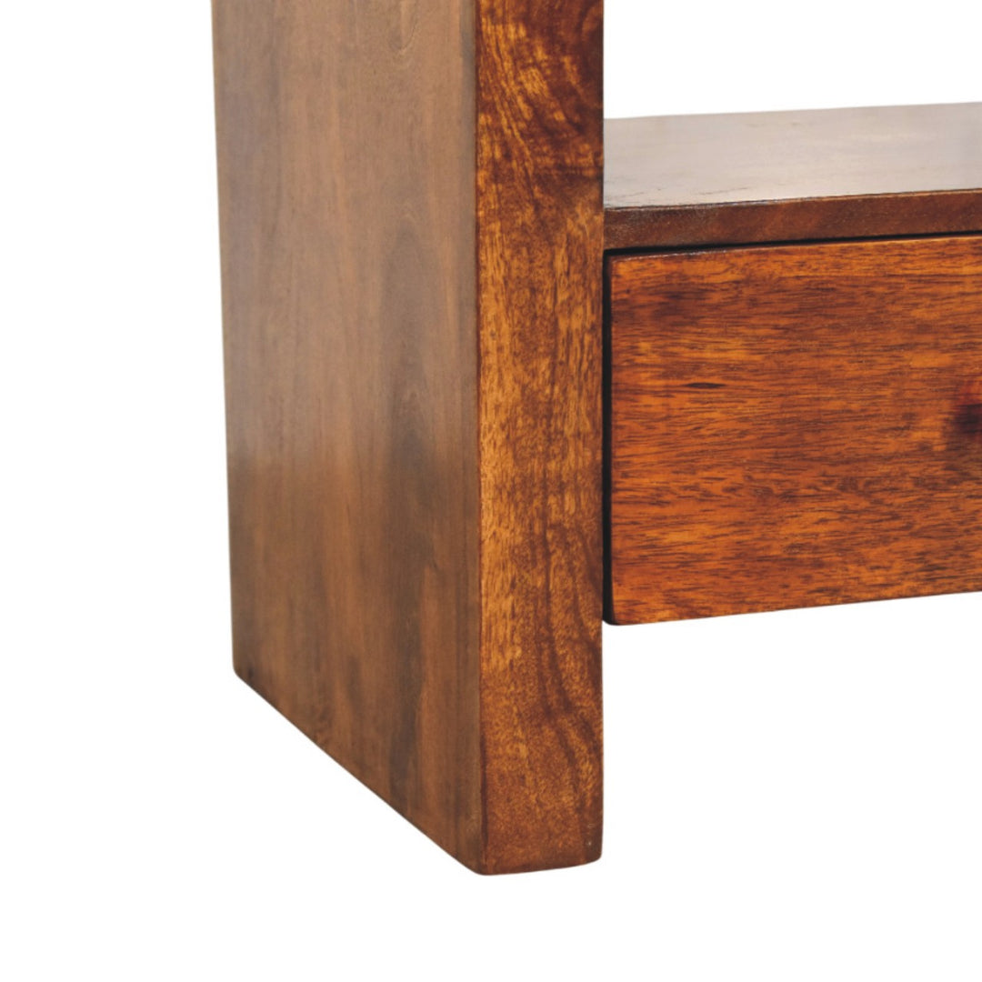 Brown Lacquered Chestnut Solid Mango Wood TV Stand with 3 Drawers & Brass Knobs