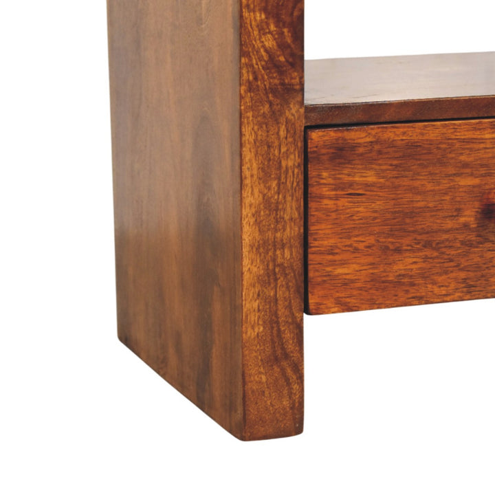 Brown Lacquered Chestnut Solid Mango Wood TV Stand with 3 Drawers & Brass Knobs
