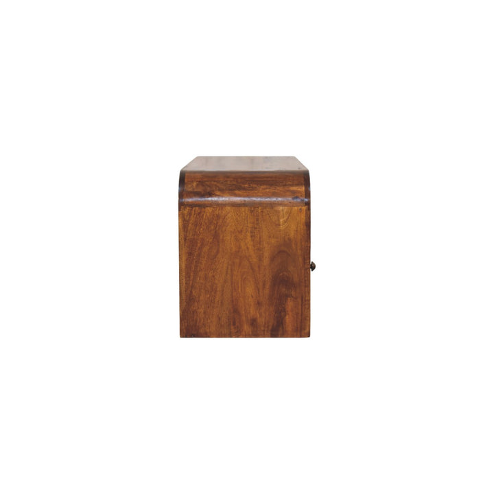 Brown Lacquered Chestnut Solid Mango Wood TV Stand with 3 Drawers & Brass Knobs