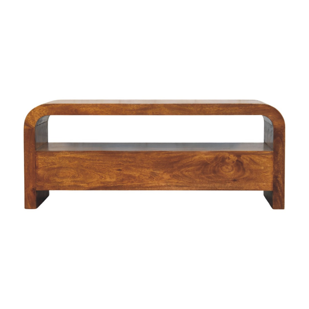 Brown Lacquered Chestnut Solid Mango Wood TV Stand with 3 Drawers & Brass Knobs