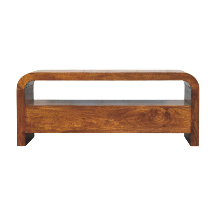 Brown Lacquered Chestnut Solid Mango Wood TV Stand with 3 Drawers & Brass Knobs