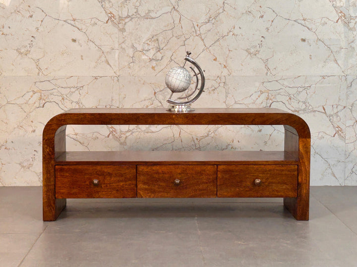 Brown Lacquered Chestnut Solid Mango Wood TV Stand with 3 Drawers & Brass Knobs