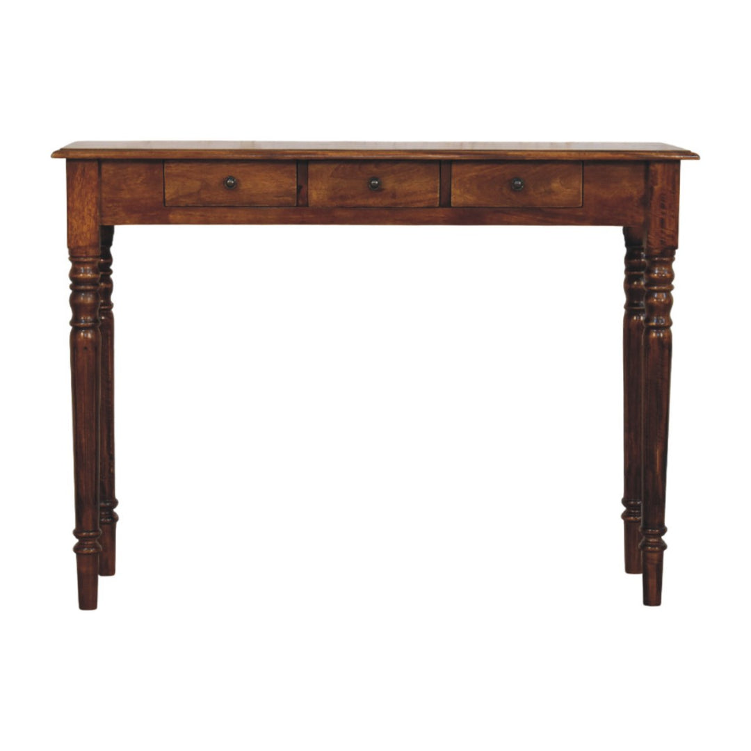 Brown Lacquered Chestnut Solid Mango Wood Console with 3 Drawers, Turned Legs & Brass Knobs