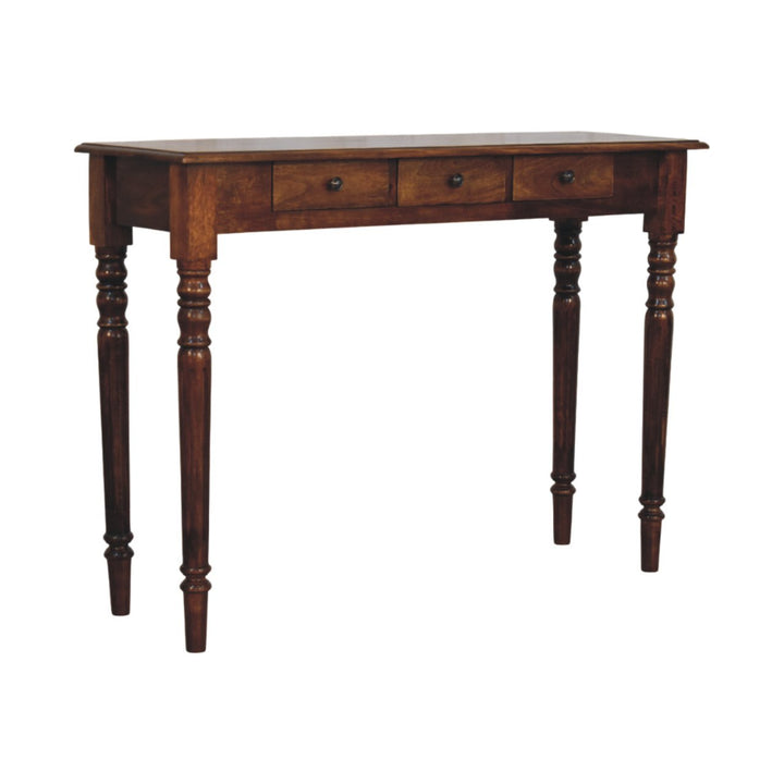 Brown Lacquered Chestnut Solid Mango Wood Console with 3 Drawers, Turned Legs & Brass Knobs
