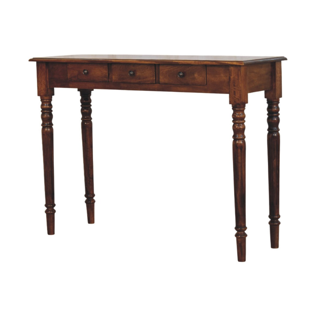 Brown Lacquered Chestnut Solid Mango Wood Console with 3 Drawers, Turned Legs & Brass Knobs