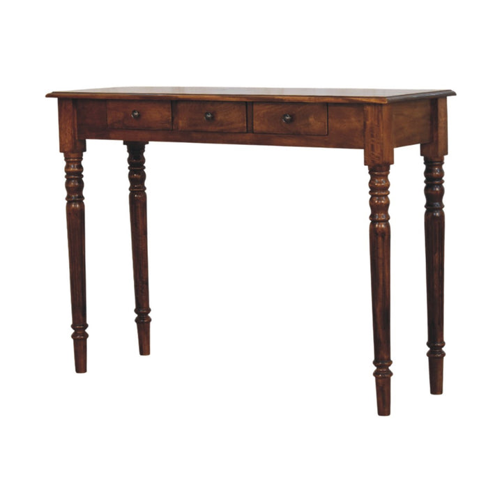 Brown Lacquered Chestnut Solid Mango Wood Console with 3 Drawers, Turned Legs & Brass Knobs