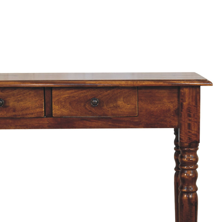 Brown Lacquered Chestnut Solid Mango Wood Console with 3 Drawers, Turned Legs & Brass Knobs