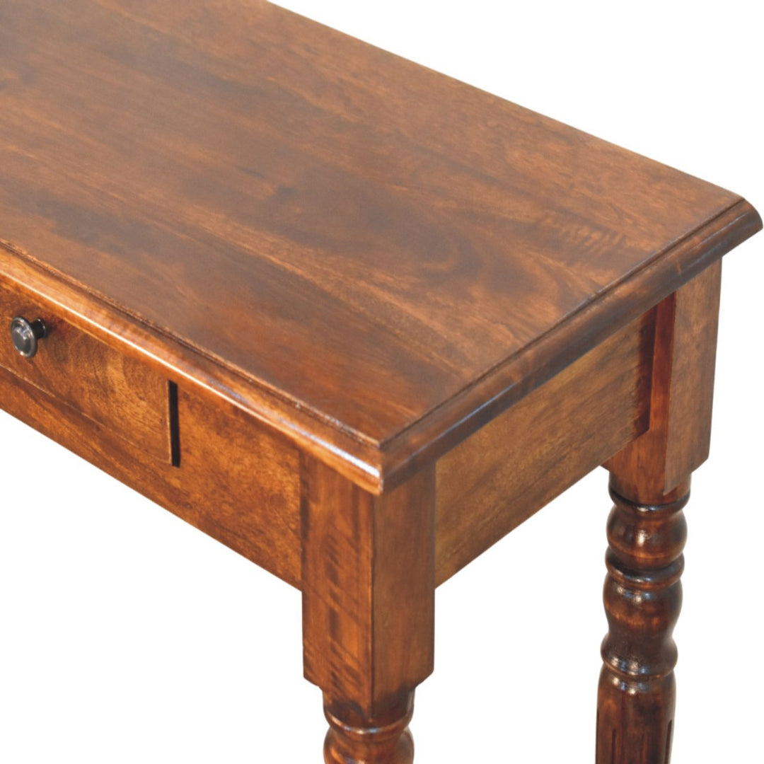 Brown Lacquered Chestnut Solid Mango Wood Console with 3 Drawers, Turned Legs & Brass Knobs