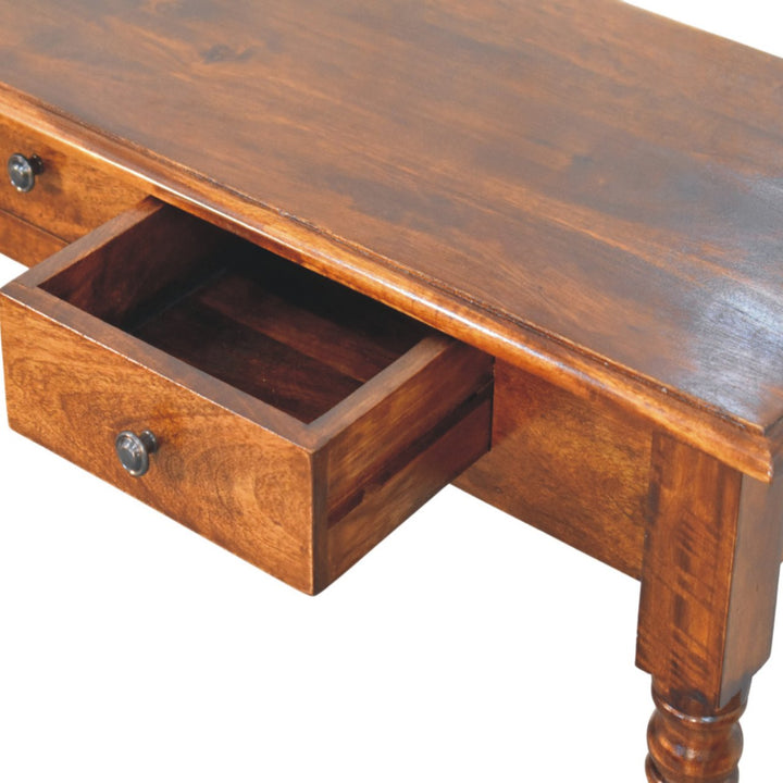 Brown Lacquered Chestnut Solid Mango Wood Console with 3 Drawers, Turned Legs & Brass Knobs