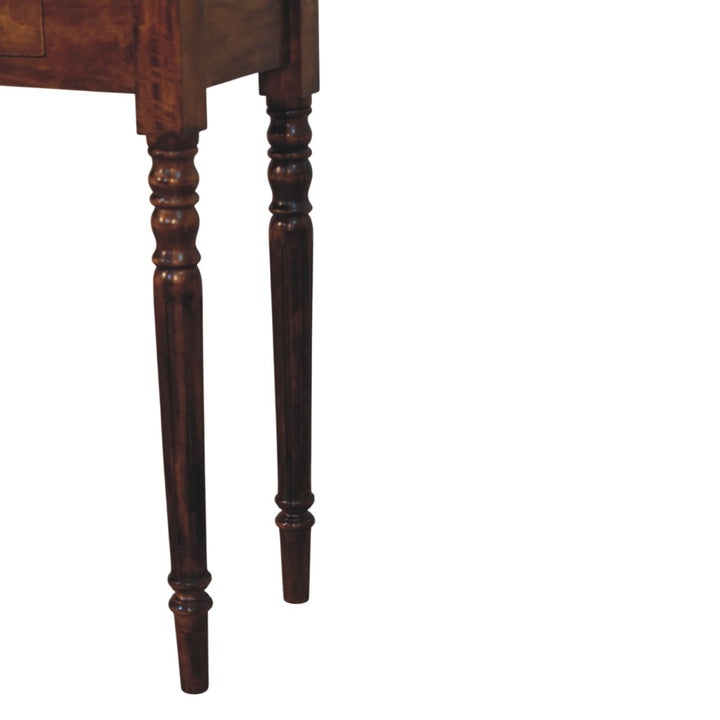 Brown Lacquered Chestnut Solid Mango Wood Console with 3 Drawers, Turned Legs & Brass Knobs