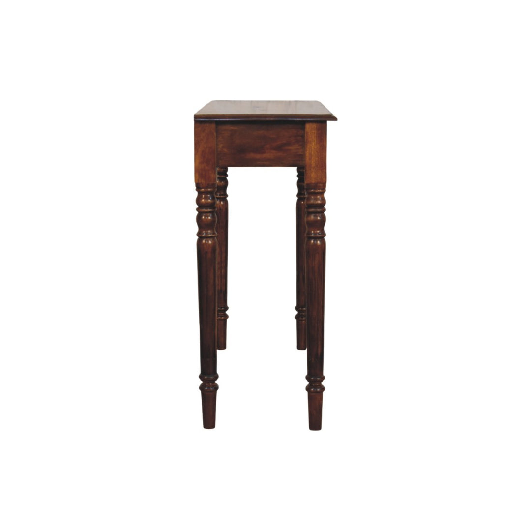 Brown Lacquered Chestnut Solid Mango Wood Console with 3 Drawers, Turned Legs & Brass Knobs