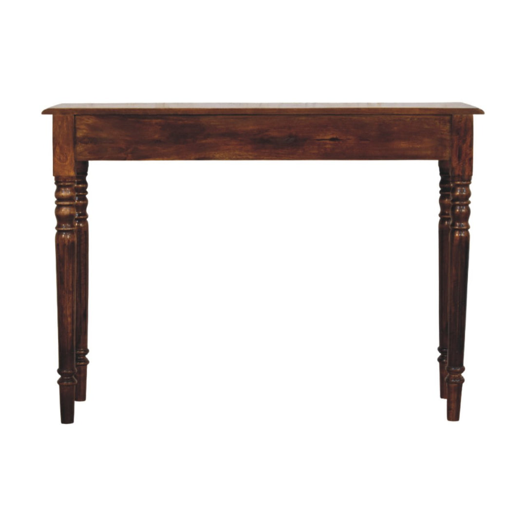 Brown Lacquered Chestnut Solid Mango Wood Console with 3 Drawers, Turned Legs & Brass Knobs